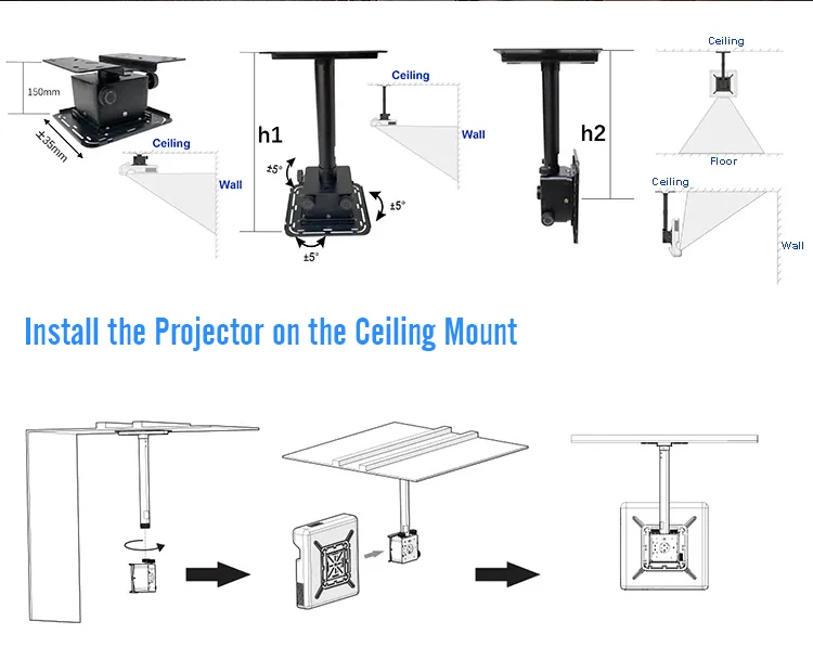Vtex Universal 1000Mm Arm 40Kg Heavy Duty Support Lateral Tilt Projector Bracket Ceiling Mount Fine Tune Ceiling Projector Mount