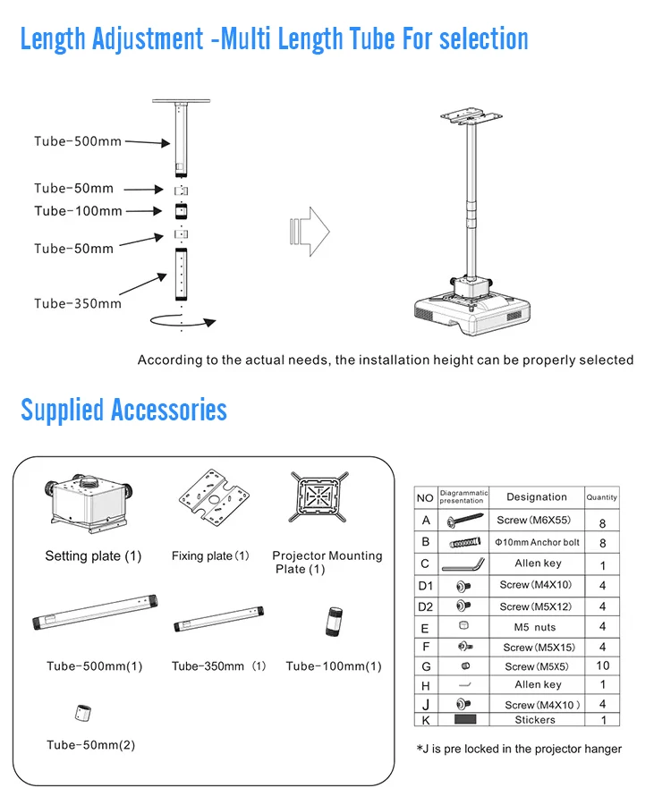 Vtex Universal 1000Mm Arm 40Kg Heavy Duty Support Lateral Tilt Projector Bracket Ceiling Mount Fine Tune Ceiling Projector Mount